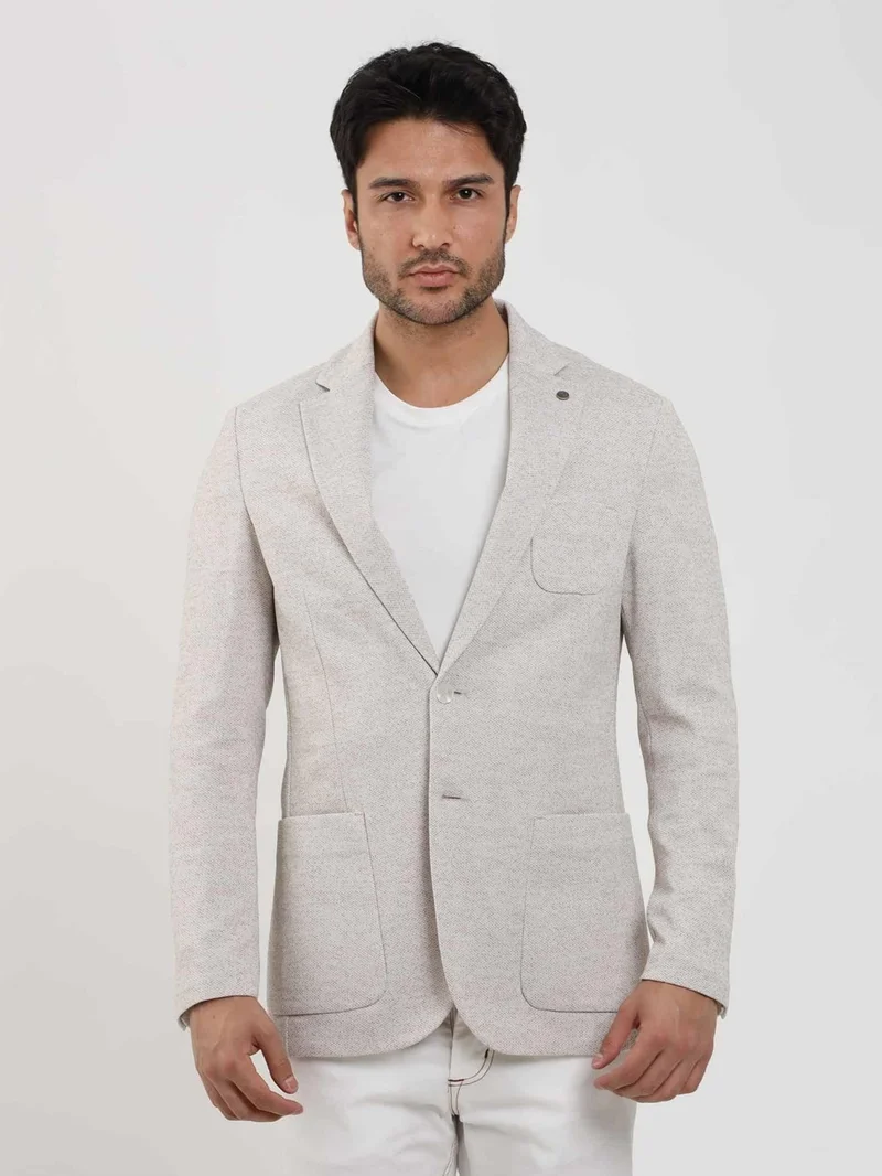 Dufy Beige Men's Slim Fit Dobby Mono Collar Jacket 104435
