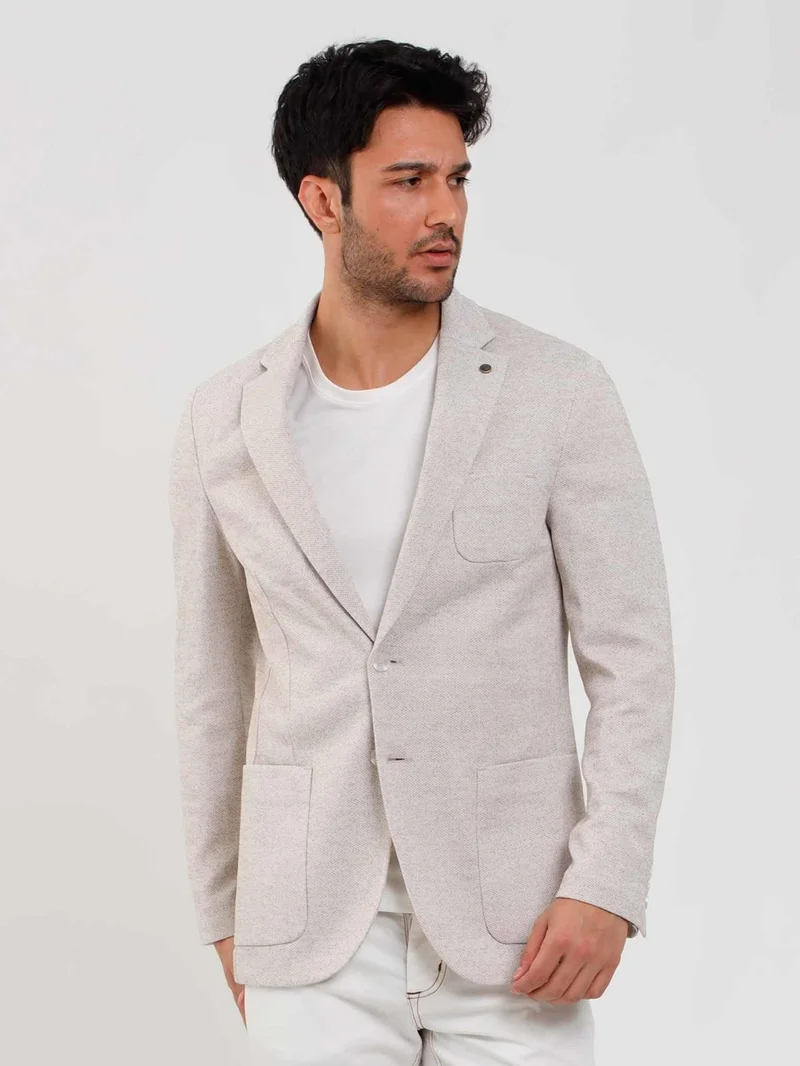 Dufy Beige Men's Slim Fit Dobby Mono Collar Jacket 104435