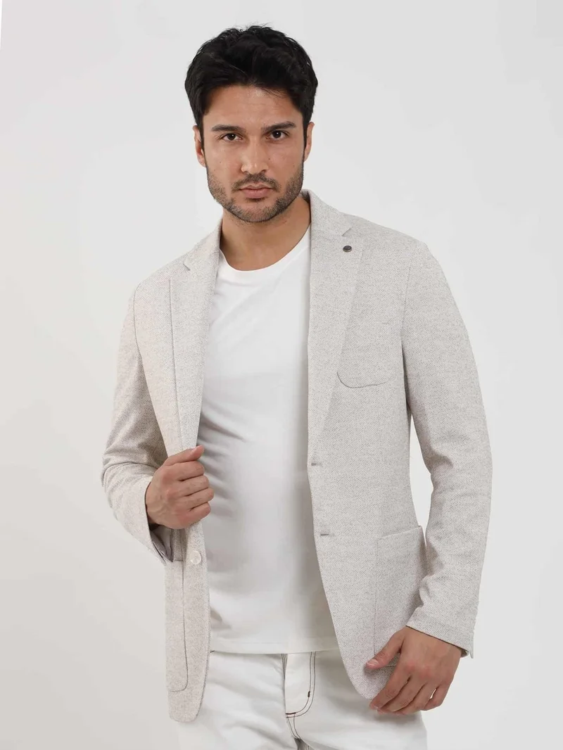 Dufy Beige Men's Slim Fit Dobby Mono Collar Jacket 104435