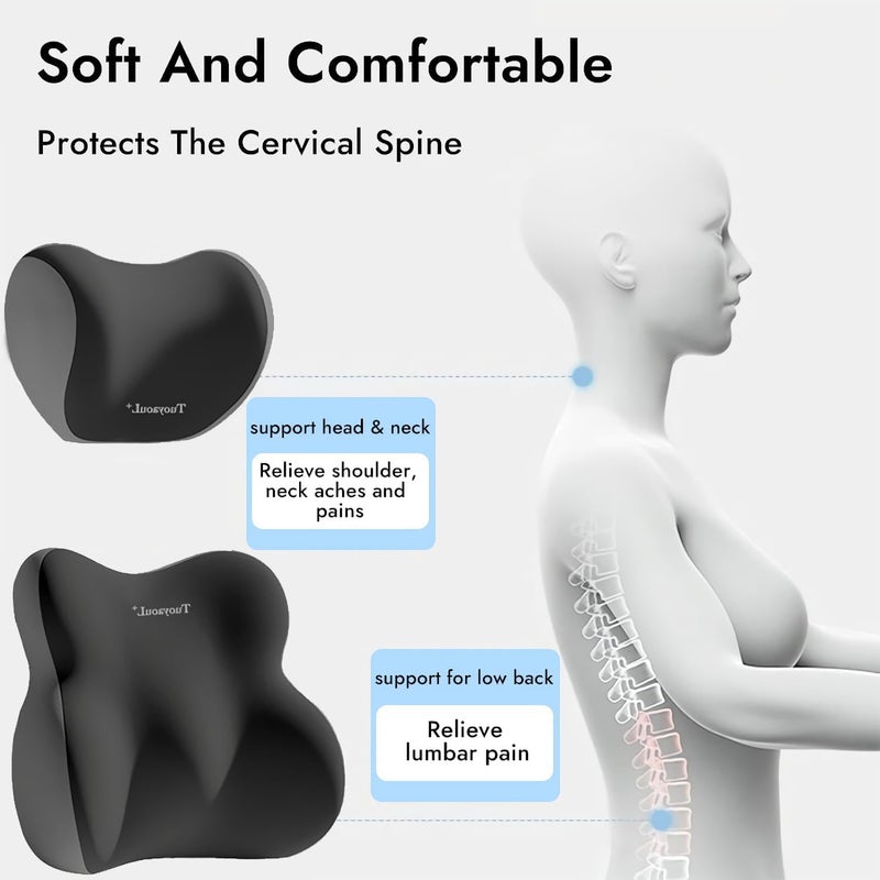 2pc Ergonomic Car Headrest & Lumbar Support Cushion Set - Grey - Image 3