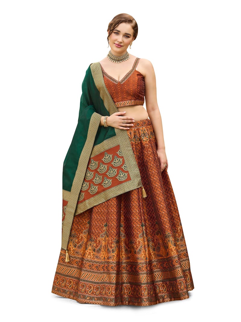 PURVAJA Women's Kanjiwaram Semi-Stitched Lehenga choli (Saaya-Rust_Free Size) - Image 1
