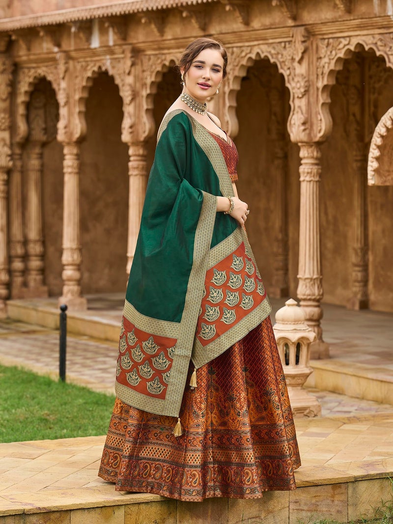 PURVAJA Women's Kanjiwaram Semi-Stitched Lehenga choli (Saaya-Rust_Free Size) - Image 2