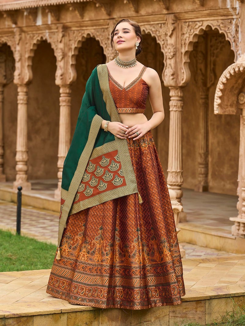 PURVAJA Women's Kanjiwaram Semi-Stitched Lehenga choli (Saaya-Rust_Free Size) - Image 4