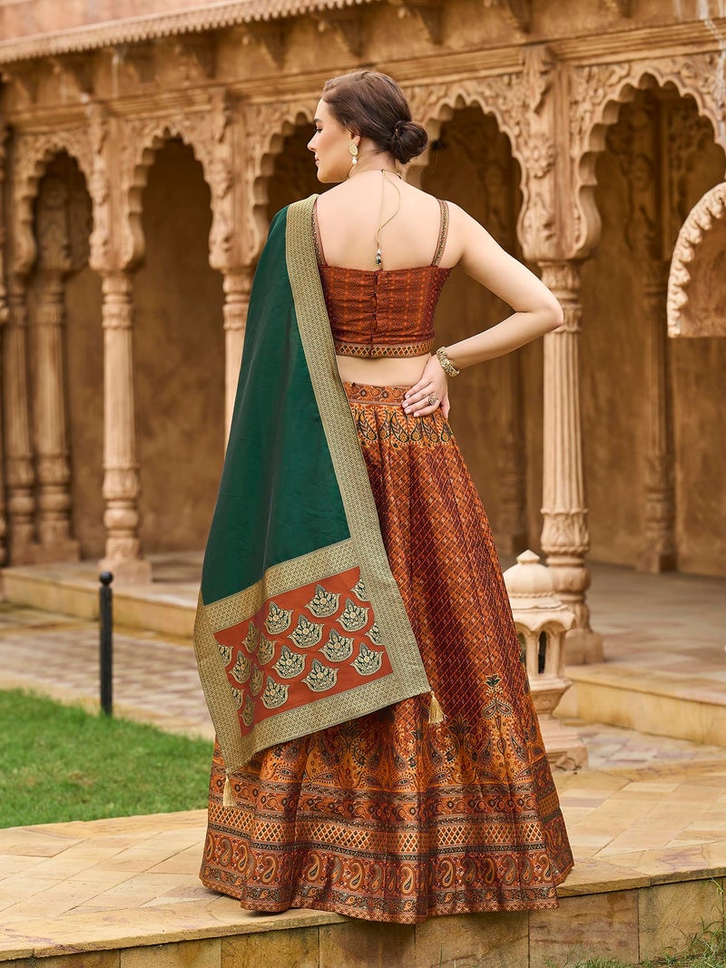PURVAJA Women's Kanjiwaram Semi-Stitched Lehenga choli (Saaya-Rust_Free Size) - Image 3