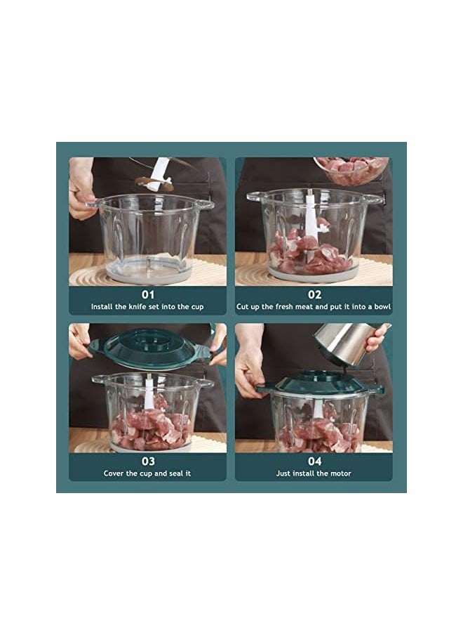 IAF Grinding Machine,Meat Sausage Mincer,Food Processor,Meat Grinder Food Chopper 2L Mini Chopper For Meat,Vegetables,Fruits And Nuts,Glass Bowl And 4 Sharp Blades,250W (Green-B) - Image 3