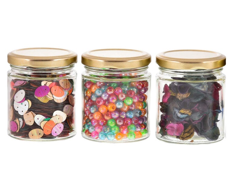 MACHAK glass jars | containers for kitchen storage set | glass jar for kitchen | with Rust Free Air Tight Golden Lid | 200ml (Pack of 2) - Image 1