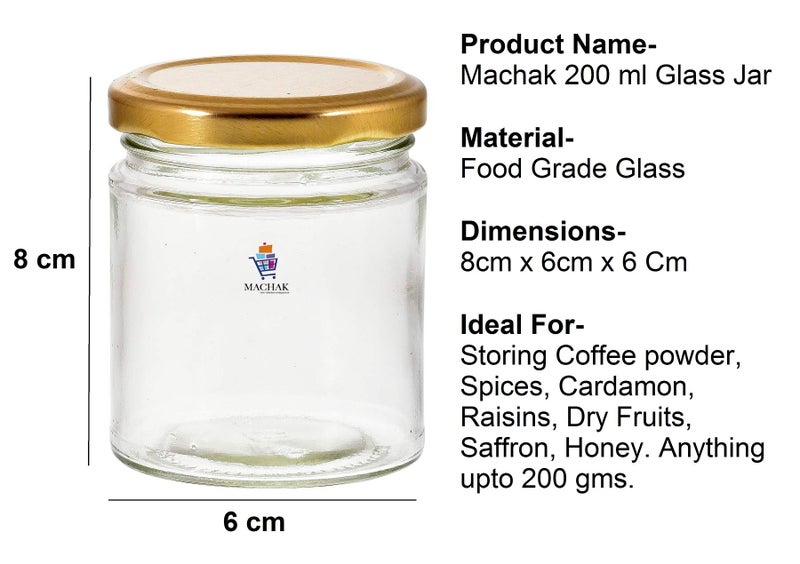MACHAK glass jars | containers for kitchen storage set | glass jar for kitchen | with Rust Free Air Tight Golden Lid | 200ml (Pack of 2) - Image 2