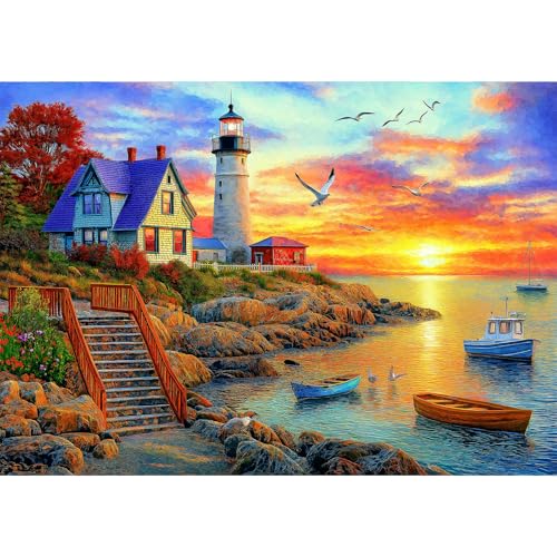 MINIWAN Lighthouse Sunset 500 Piece Puzzles for Adults Colorful Coastal Scene with Boats Jigsaw Puzzles 500 Pieces Seaside Landscape Family Puzzle Challenging Family Puzzle Games Gift for Adults 21x15 - Image 1