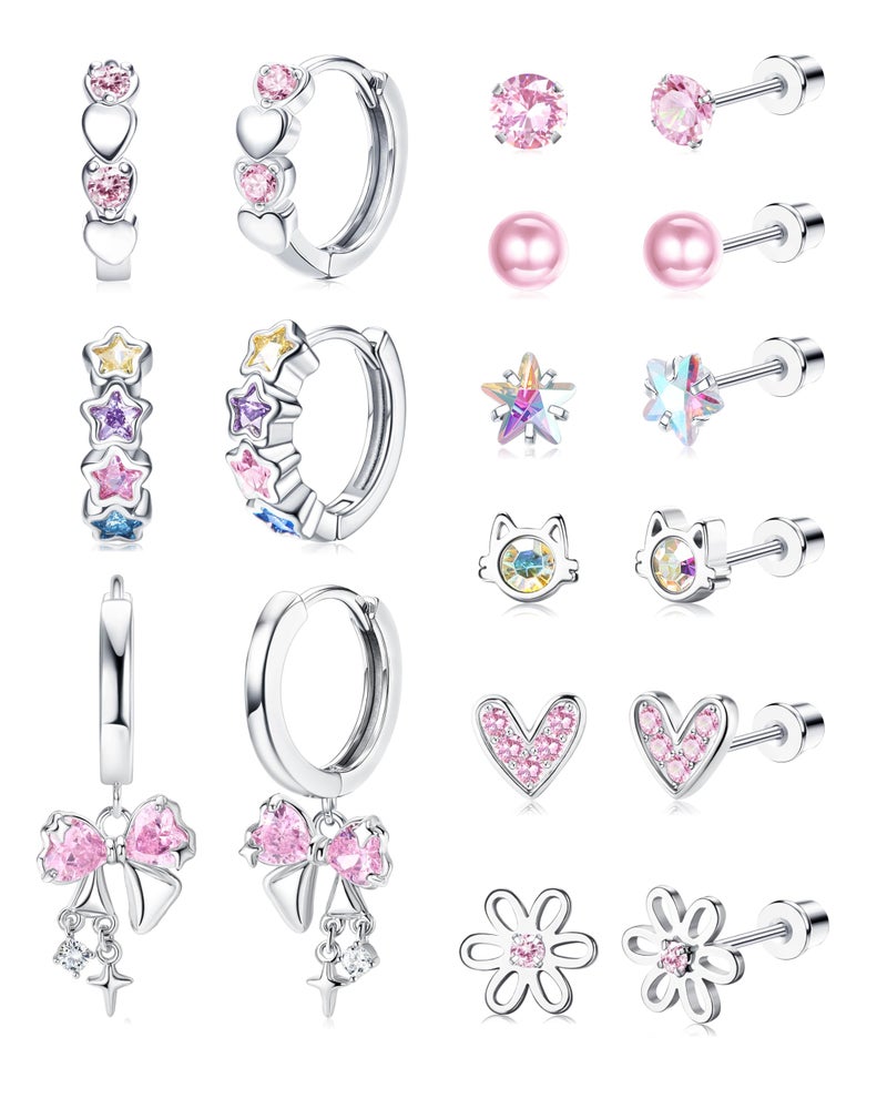 LOYALLOOK Hypoallergenic Surgical Steel Earrings for Women - Screw Back Earrings for Sensitive Ears Cute Earrings Dainty Flower Heart Flat Back Stud Hoop Earring Set - Image 1