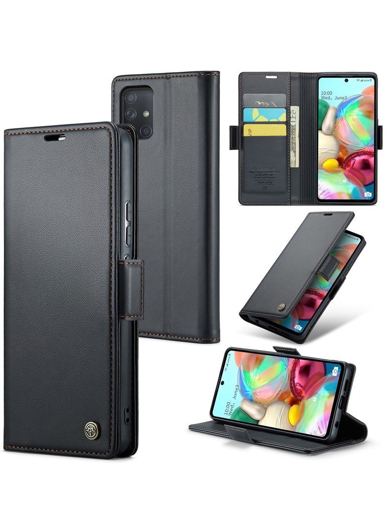 CaseMe Flip Wallet Case For Samsung Galaxy A71 4G RFID Blocking PU Leather Wallet Flip Folio Case with Card Holder Kickstand Shockproof Phone Cover - Black - Image 1