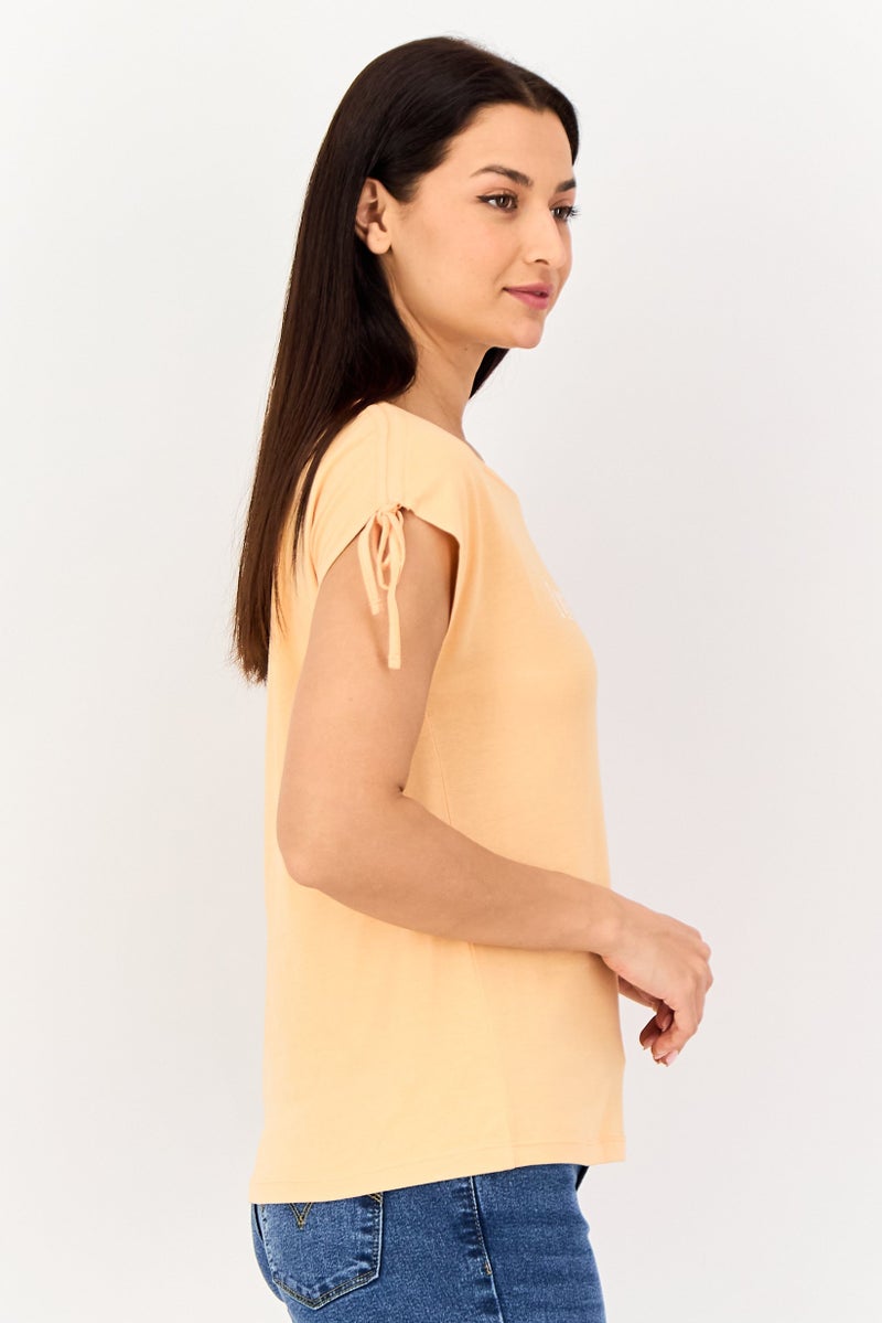 VERO MODA I Scenery by Vero Moda Women Crew Neck Cap Sleeve Graphic Print Top, Peach - Image 3