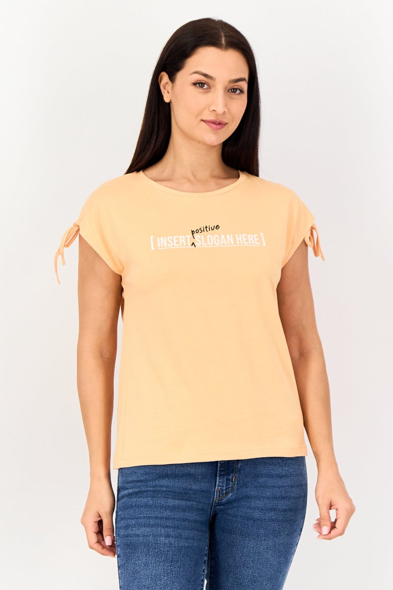 VERO MODA I Scenery by Vero Moda Women Crew Neck Cap Sleeve Graphic Print Top, Peach - Image 1