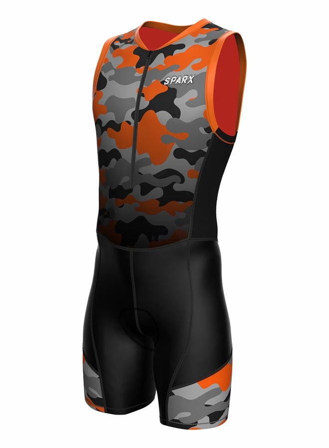sparx Sports Men`s Triathlon Suit Trisuit Race Skinsuit Cycling Speed Suit Italian Fabric Swimskin (Orange_Camo_M) - Image 1