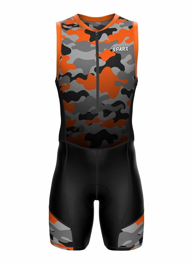 sparx Sports Men`s Triathlon Suit Trisuit Race Skinsuit Cycling Speed Suit Italian Fabric Swimskin (Orange_Camo_M) - Image 2