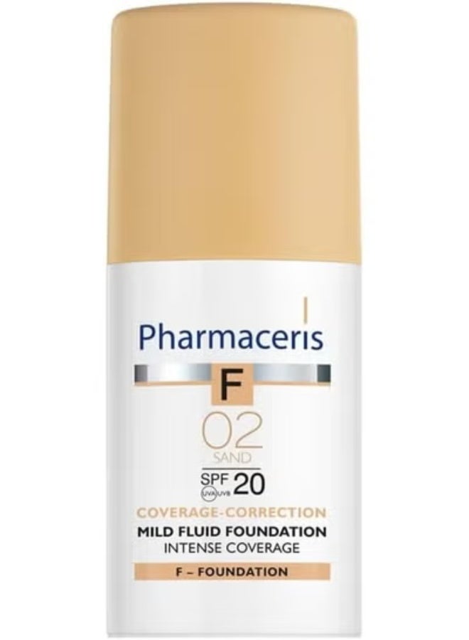 Pharmaceris F Intense Coverage Mild Fluid Foundation SPF 20, 30 Ml(02 Sand) – Lightweight Creamy Formula With Sodium Hyaluronate Milk Thistle Honeysuckle And Vitamin B3 For Sensitive Skin
