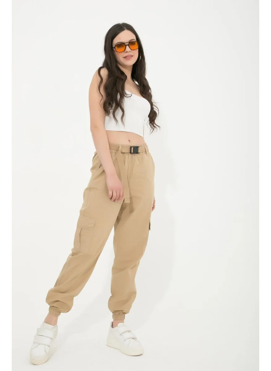 تينا Women's Stone Leg Elastic Belted Cargo Pocket Trousers