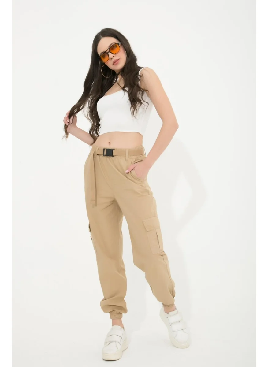 تينا Women's Stone Leg Elastic Belted Cargo Pocket Trousers
