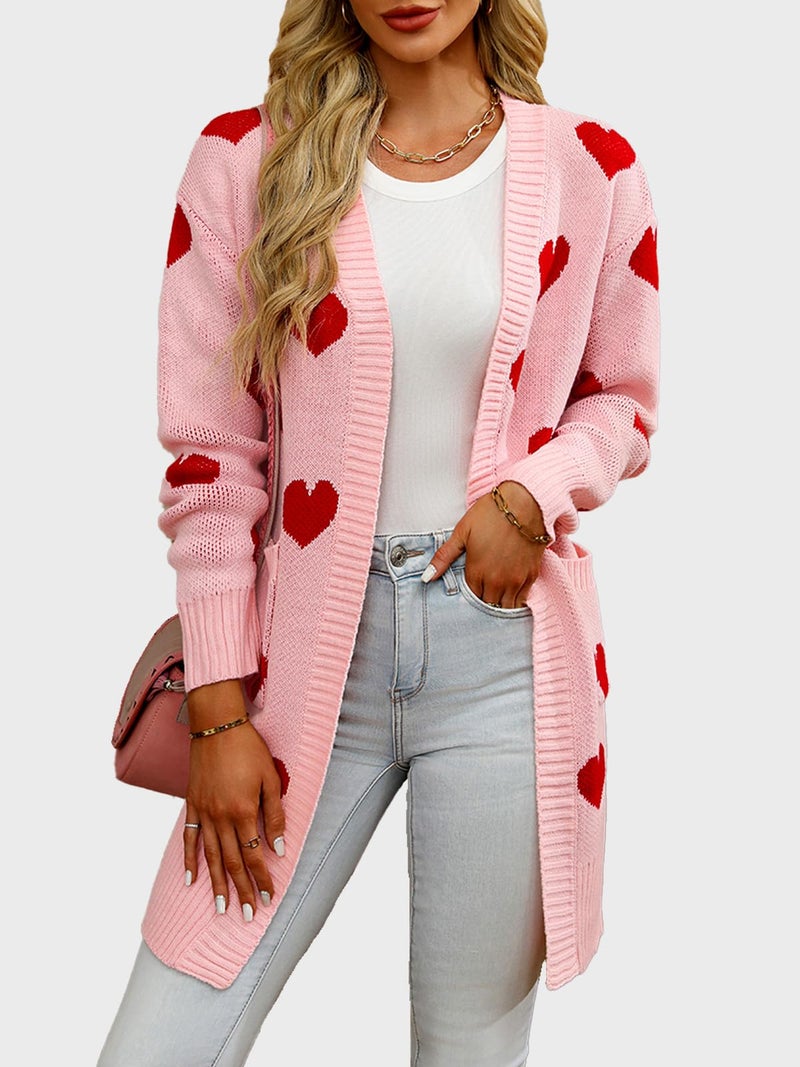 HOULENGS Women's Cute Heart Long Cardigan Sweaters V Neck Ribbed Knit Open Front Sweater Coats with Pockets Pink Small - Image 3