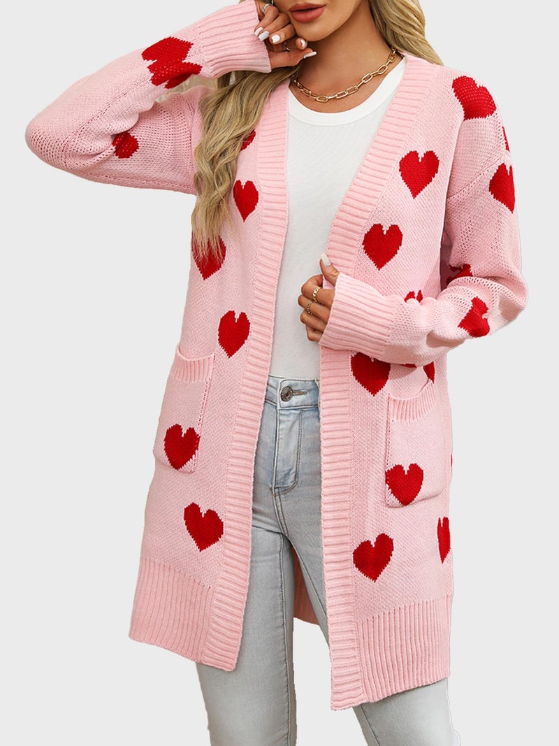 HOULENGS Women's Cute Heart Long Cardigan Sweaters V Neck Ribbed Knit Open Front Sweater Coats with Pockets Pink Small - Image 4