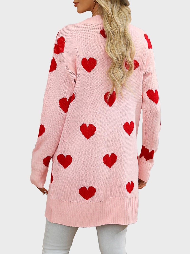HOULENGS Women's Cute Heart Long Cardigan Sweaters V Neck Ribbed Knit Open Front Sweater Coats with Pockets Pink Small - Image 2
