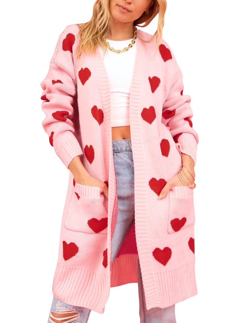 HOULENGS Women's Cute Heart Long Cardigan Sweaters V Neck Ribbed Knit Open Front Sweater Coats with Pockets Pink Small - Image 1