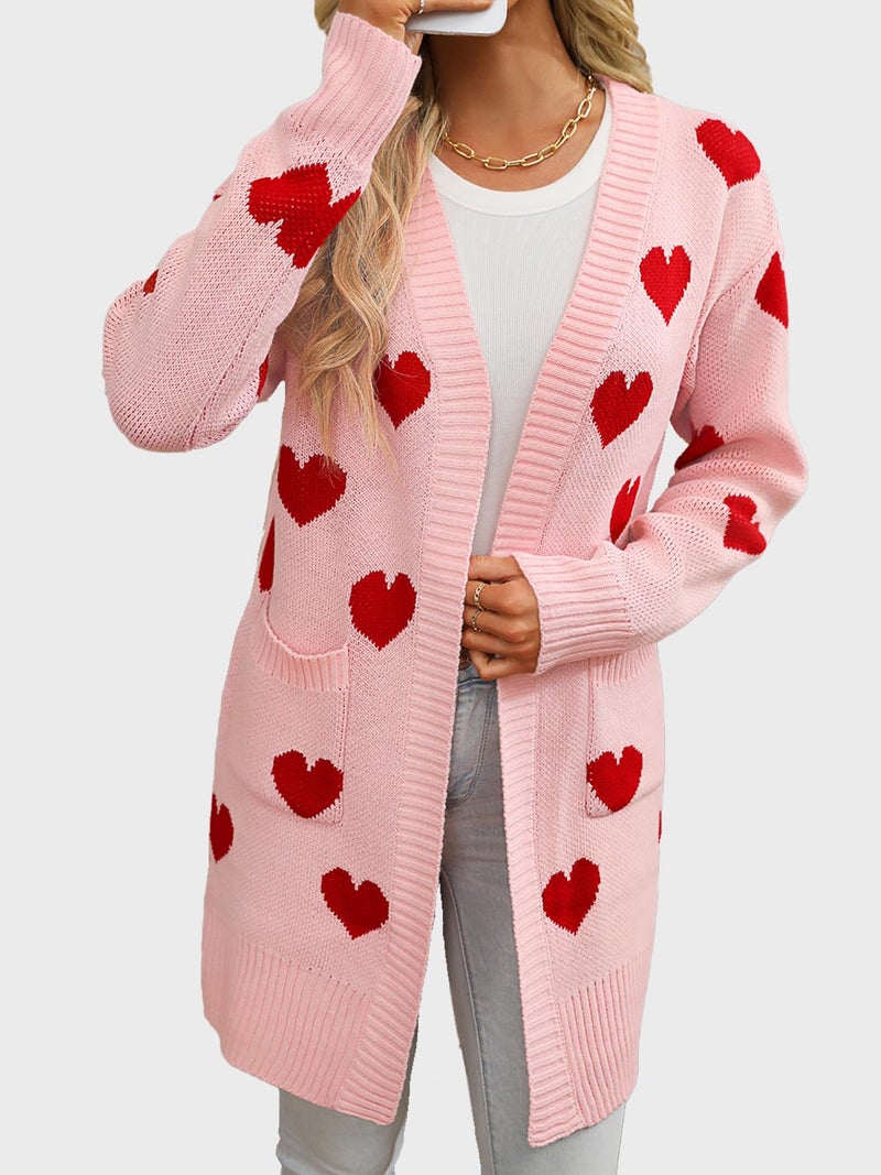 HOULENGS Women's Cute Heart Long Cardigan Sweaters V Neck Ribbed Knit Open Front Sweater Coats with Pockets Pink Small - Image 5
