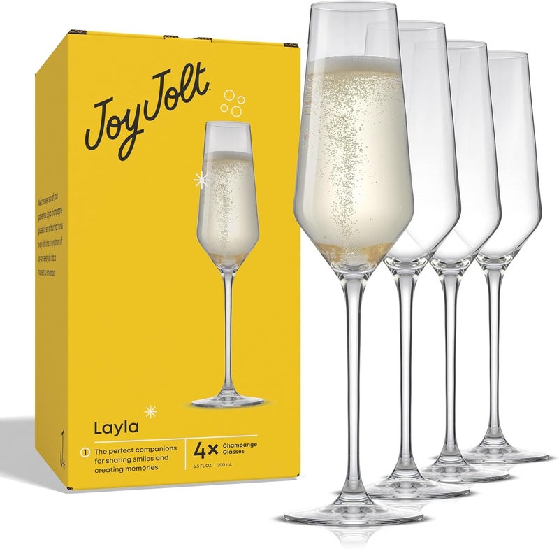 JoyJolt كؤوس الشمبانيا مجموعة ليلى، مجموعة من 4 - 6.7 أونصة كؤوس كريستال أنيقة ذات ساق لكوكتيلات بروسيكو، نبيذ فوار، ميموزا، كوكتيلات، حفلات زفاف، ذكريات سنوية، حفلات - Image 1