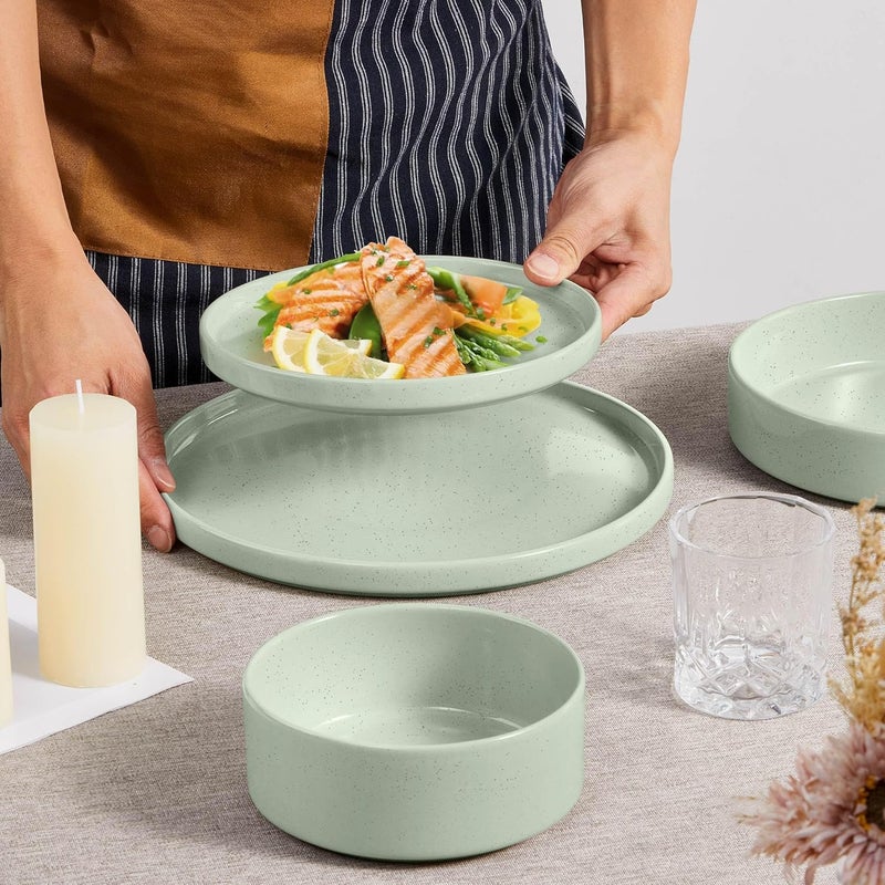 Herogo 16 Piece Plates and Bowls Set Porcelain Dinnerware Sets with Pasta Bowls Kitchen Dinner Ware Dishes Service for 4 Chip  Scratch Resistant Dishware Speckled Light Green - Image 4