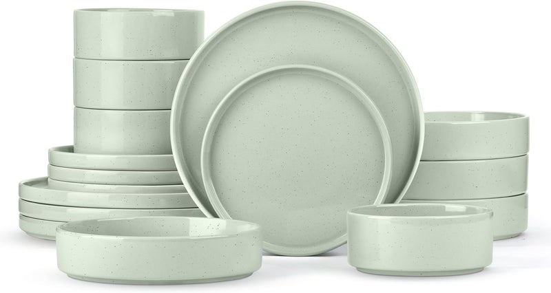 Herogo 16 Piece Plates and Bowls Set Porcelain Dinnerware Sets with Pasta Bowls Kitchen Dinner Ware Dishes Service for 4 Chip  Scratch Resistant Dishware Speckled Light Green - Image 1
