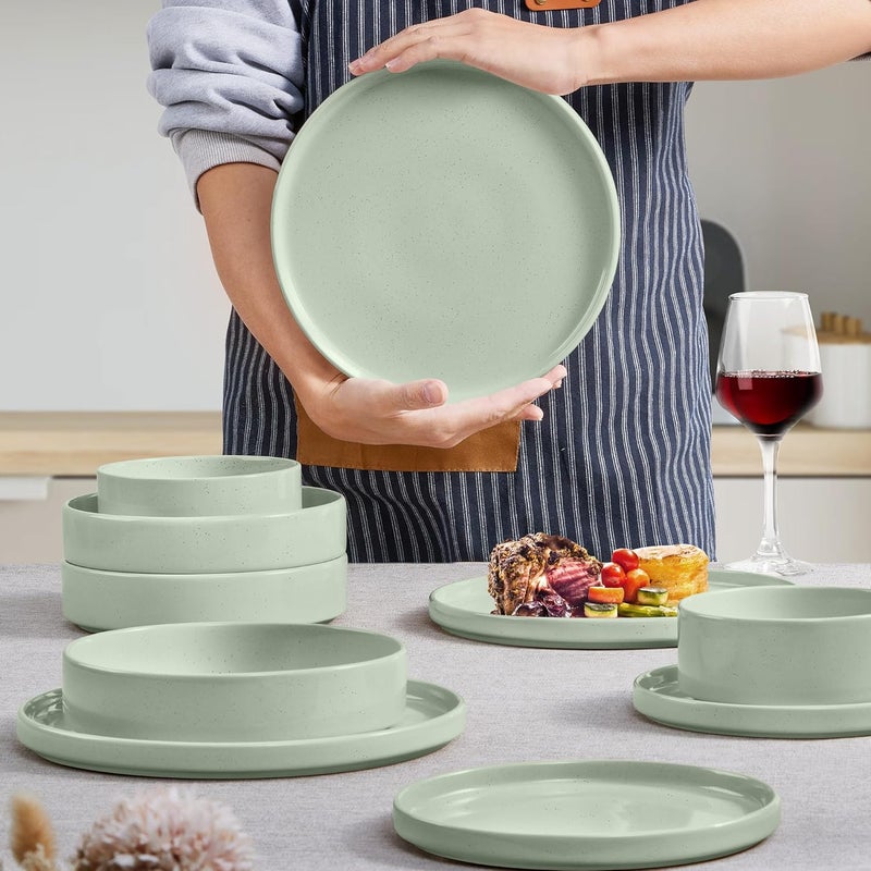 Herogo 16 Piece Plates and Bowls Set Porcelain Dinnerware Sets with Pasta Bowls Kitchen Dinner Ware Dishes Service for 4 Chip  Scratch Resistant Dishware Speckled Light Green - Image 5