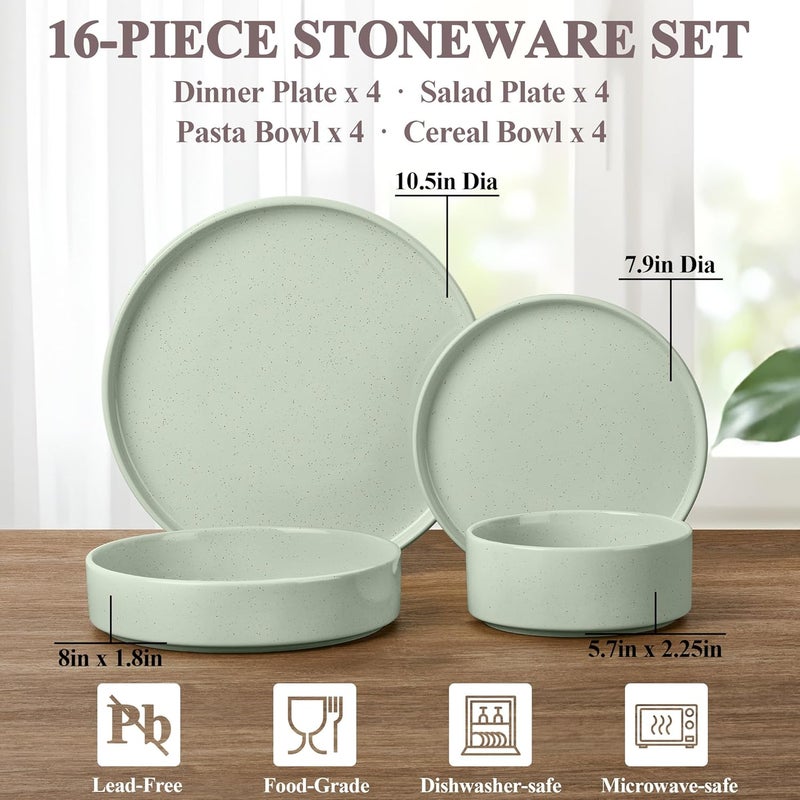 Herogo 16 Piece Plates and Bowls Set Porcelain Dinnerware Sets with Pasta Bowls Kitchen Dinner Ware Dishes Service for 4 Chip  Scratch Resistant Dishware Speckled Light Green - Image 2
