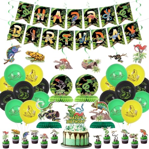 PTECDROTS Reptile Party Decorations Including Reptile Theme Balloons Happy Birthday Banner Cake Topper Hanging Swirl and Honeycomb Centerpieces for Safari Lizard Swamp Reptile Birthday Party Supplies - Image 1