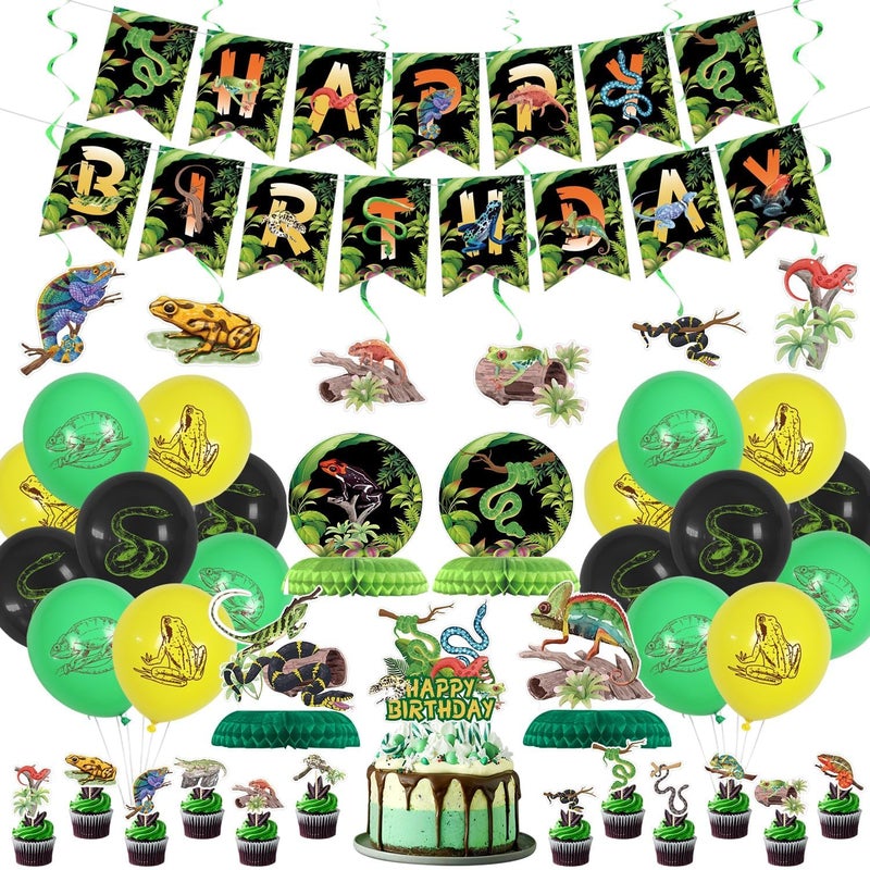 PTECDROTS Reptile Party Decorations Including Reptile Theme Balloons Happy Birthday Banner Cake Topper Hanging Swirl and Honeycomb Centerpieces for Safari Lizard Swamp Reptile Birthday Party Supplies - Image 2