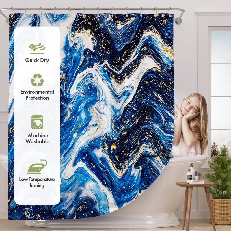 AmazerBath Shower Curtain Blue, Marble Fall Fabric Shower Curtain Sets with 12 Shower Curtain Hooks, Luxury Quality Home Hotel Washable Farmhouse Cloth Shower Curtains for Bathroom Decor, 72x72 Inches - Image 2