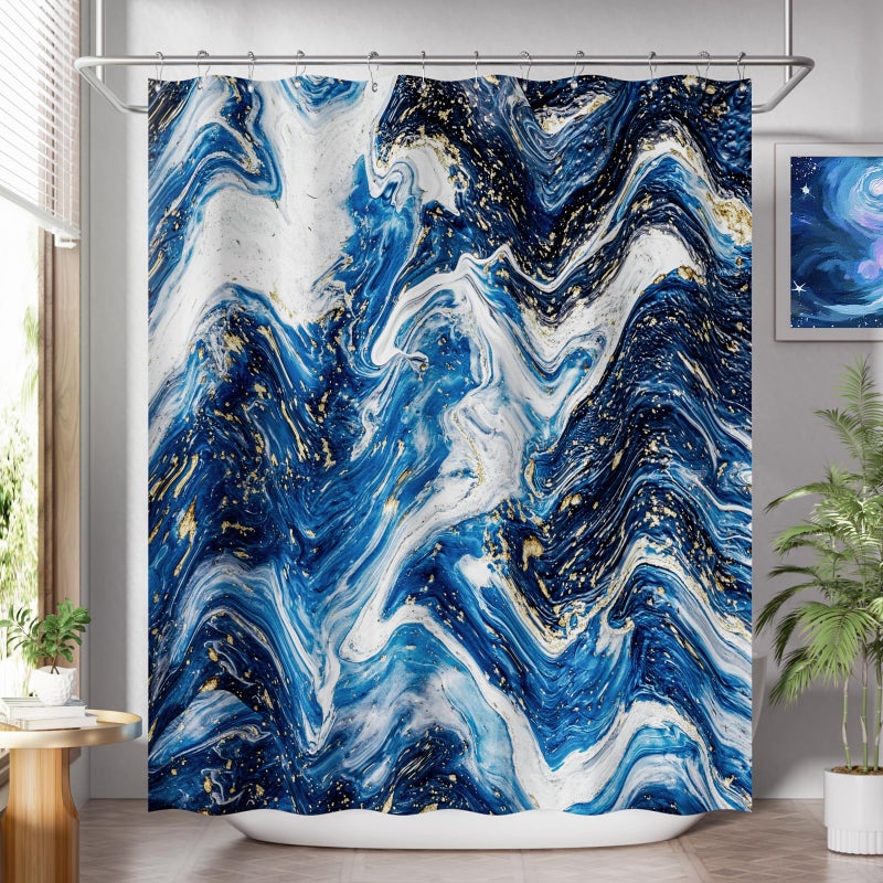 AmazerBath Shower Curtain Blue, Marble Fall Fabric Shower Curtain Sets with 12 Shower Curtain Hooks, Luxury Quality Home Hotel Washable Farmhouse Cloth Shower Curtains for Bathroom Decor, 72x72 Inches - Image 1