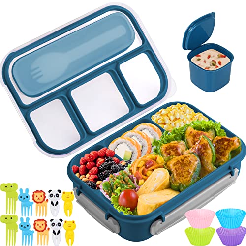 Bento Box Lunch Box Kids 1300ML Bento Box Adult Lunch Box with 4 Compartment Food Picks Cake Cups Lunch Box Containers for AdultsKidsToddler LeakProof MicrowaveDishwasherFreezer SafeBlue