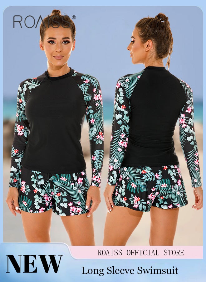 roaiss Women One Piece Swimsuit with Boxer Shorts Fashionable Print Design One Piece Beach Suit Women Long Sleeved Sun Protection Surfing Wetsuit  - Image 2