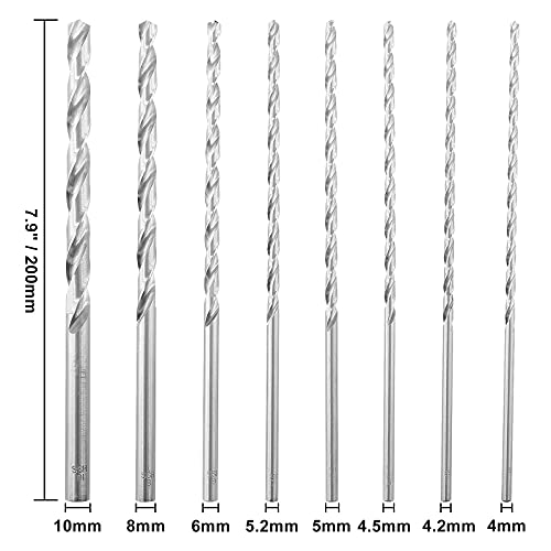 Murtenze 8Pcs 200mm Extra Long Twist Drill Bit Set, High-Speed Steel Straight Shank Twist Drill Bit for Wood Plastic and Aluminum(4/4.2/4.5/5/ 5.2/6/ 8/ 10mm) - Image 3