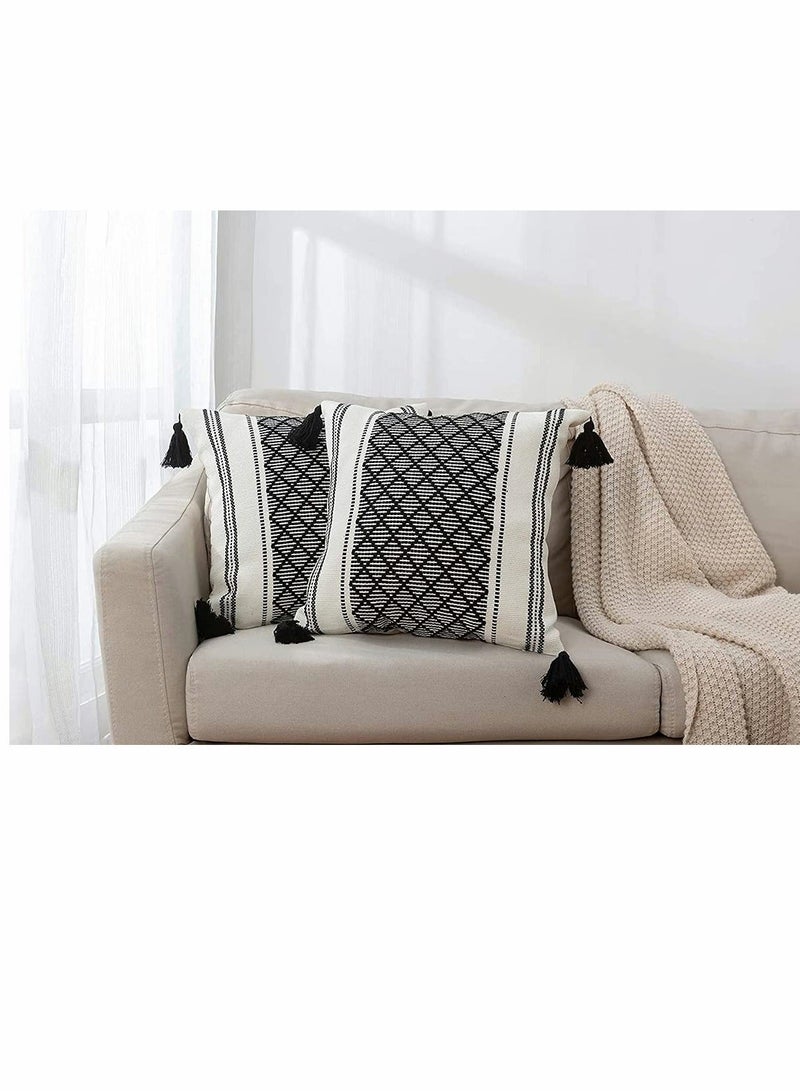 شو وو Set of 2 Boho Neutral Decorative Throw Pillow Covers 18x18 Inch Cotton Woven Diamond Jacquard Pattern Cases for Couch Sofa Bedroom Car Modern Accent Square Pillowcase Black - Image 4