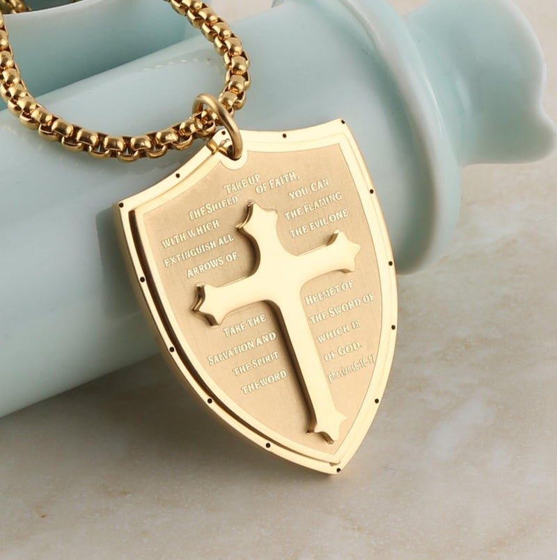 HZMAN Shield Armor of God Ephesians 6:16-17, Faith Cross Stainless Steel Pendant Necklace - Image 3