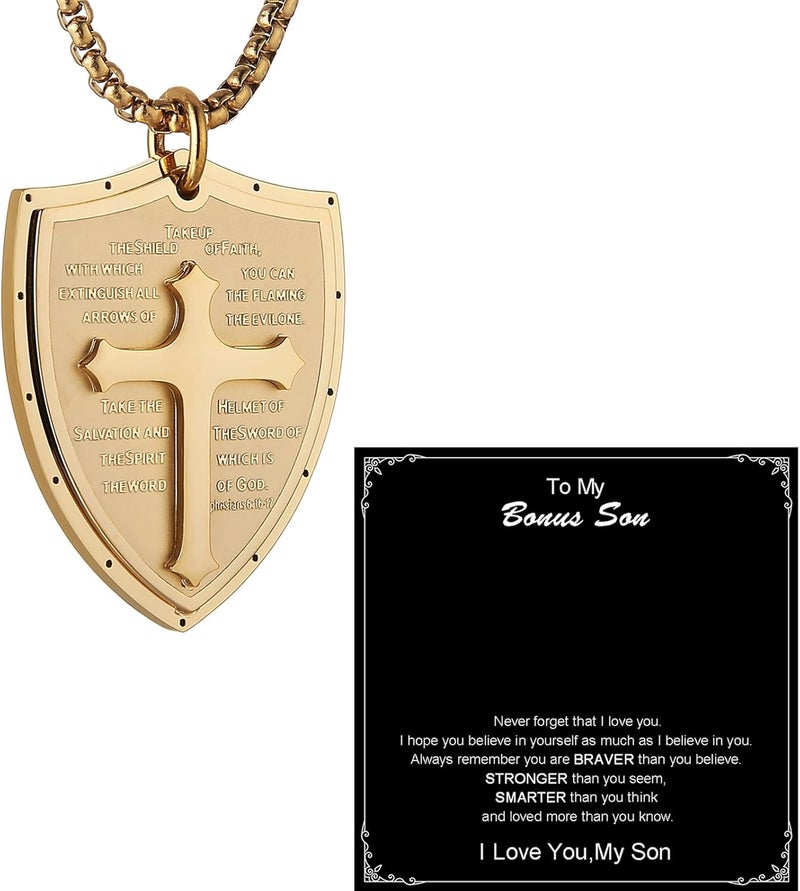 HZMAN Shield Armor of God Ephesians 6:16-17, Faith Cross Stainless Steel Pendant Necklace - Image 1