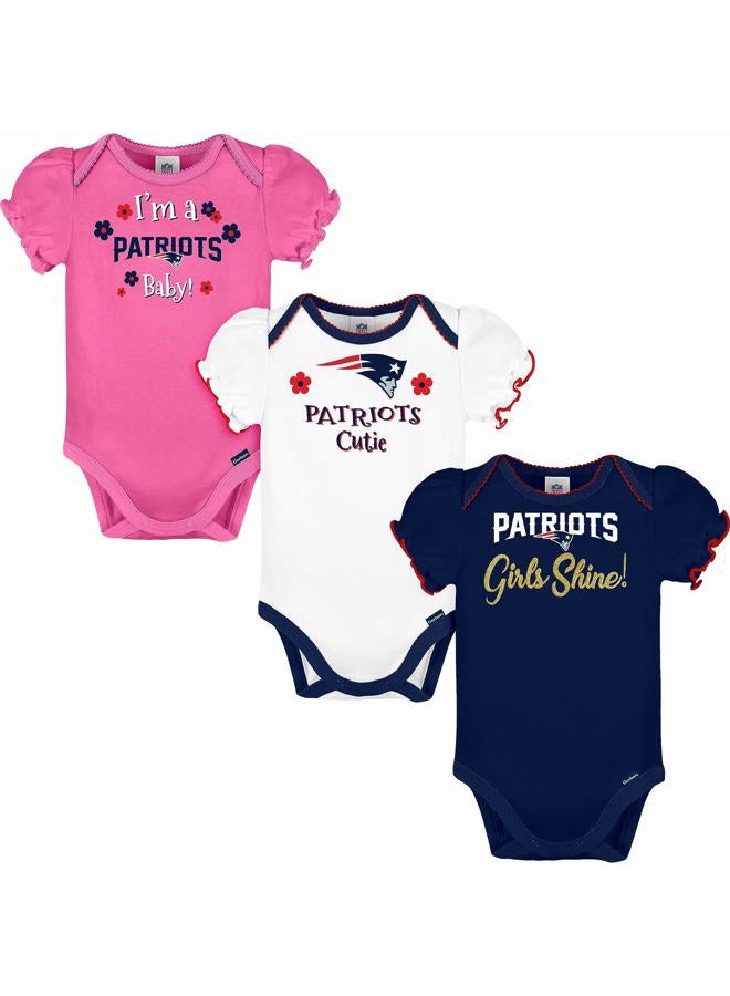 Gerber NFL New England Patriots 3 Pack Ruffle Sleeve Team Bodysuit, blue/white/pink New England Patriots, 18 Months - Image 1