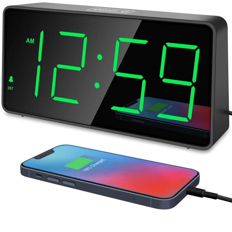 Peakeep Digital Clock, Alarm Clock for Bedrooms with USB Charger Port - Large Big Numbers 5 Brightness for Seniors, Battery Backup, Loud Alarm 5 Volums (Black with Green Digits) - Image 1