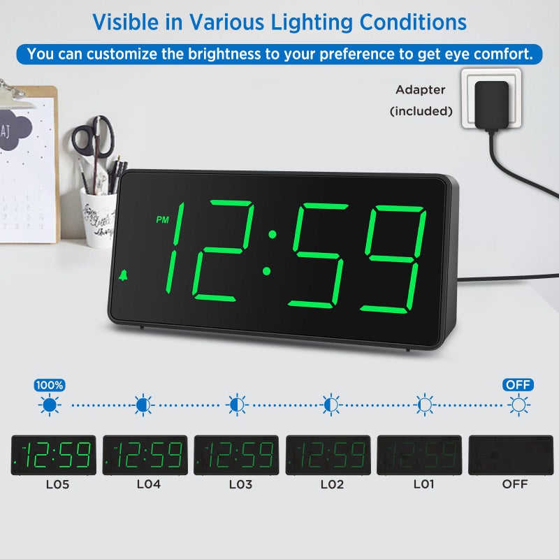 Peakeep Digital Clock, Alarm Clock for Bedrooms with USB Charger Port - Large Big Numbers 5 Brightness for Seniors, Battery Backup, Loud Alarm 5 Volums (Black with Green Digits) - Image 5