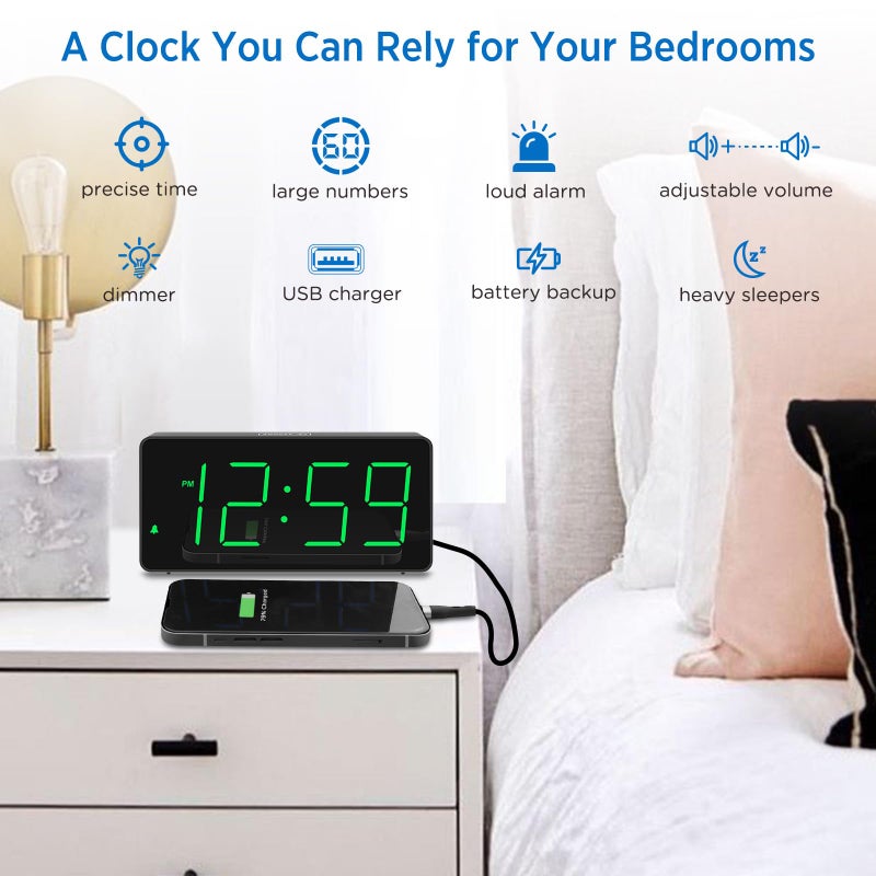 Peakeep Digital Clock, Alarm Clock for Bedrooms with USB Charger Port - Large Big Numbers 5 Brightness for Seniors, Battery Backup, Loud Alarm 5 Volums (Black with Green Digits) - Image 3