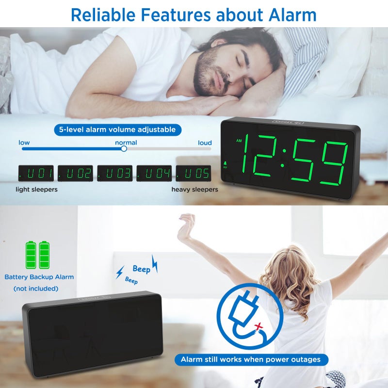 Peakeep Digital Clock, Alarm Clock for Bedrooms with USB Charger Port - Large Big Numbers 5 Brightness for Seniors, Battery Backup, Loud Alarm 5 Volums (Black with Green Digits) - Image 4