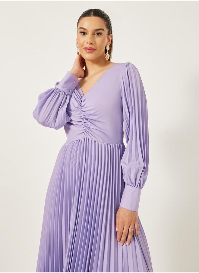 Styli - Pleated Balloon Sleeve Ruched Detail A-Line Maxi Dress - Image 1