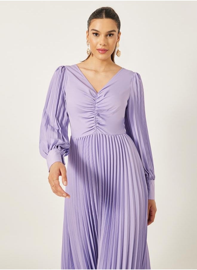 Styli - Pleated Balloon Sleeve Ruched Detail A-Line Maxi Dress - Image 1