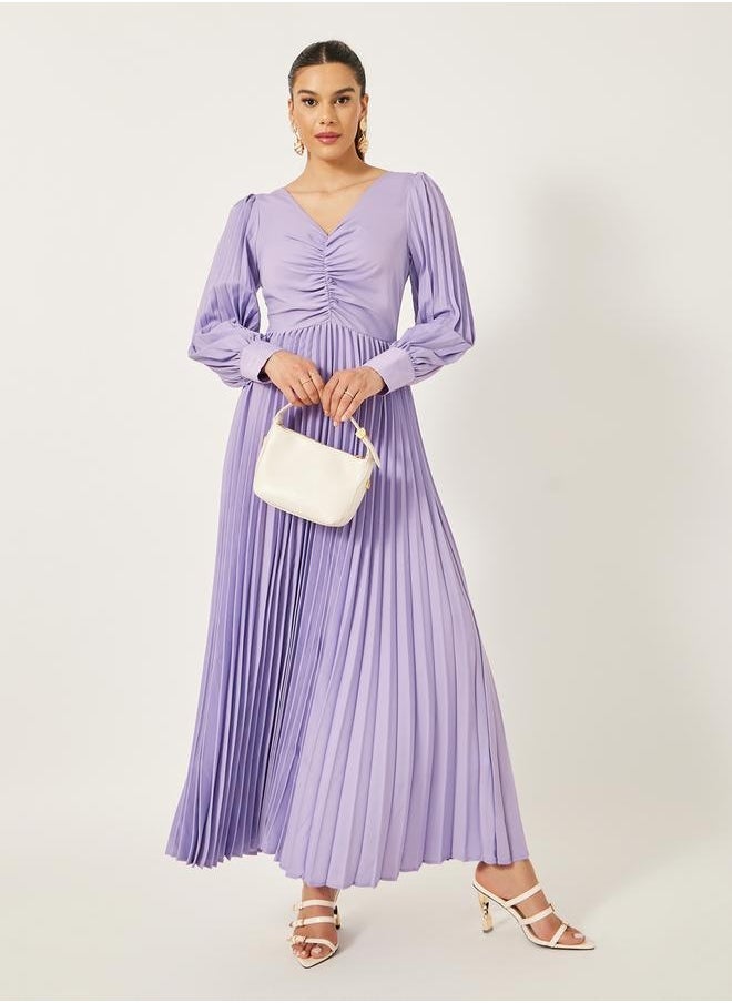 Styli - Pleated Balloon Sleeve Ruched Detail A-Line Maxi Dress - Image 1