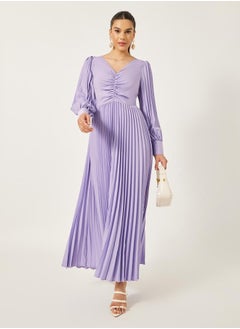 Pleated Balloon Sleeve Ruched Detail A-Line Maxi Dress